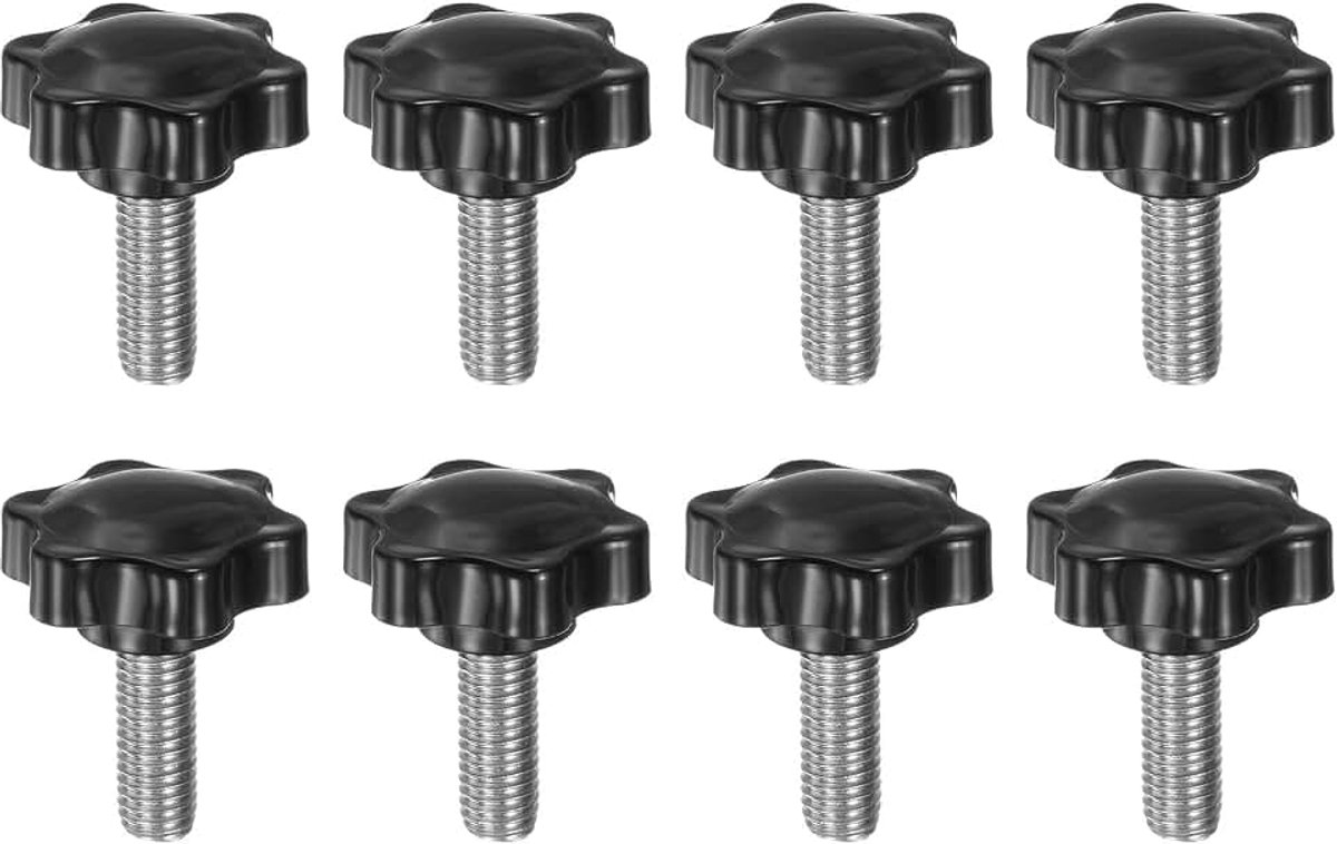 8 stuks sterknoppen M10 x 25 mm schroefdraad van roestvrij staal 304 38 mm kunststof spanknop gekartelde kopschroef handmatige 6-sterren schroef handvat, zwart