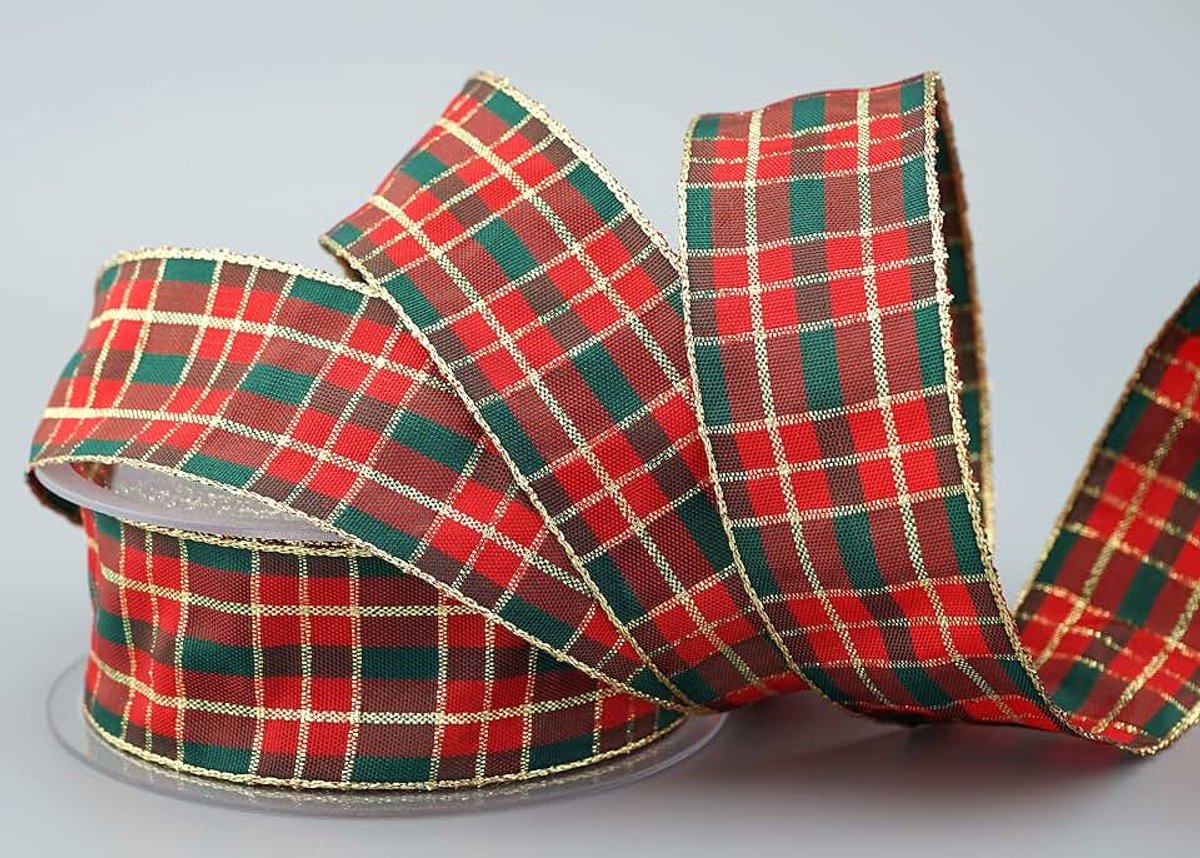 Kerstband, 20 m x 40 mm, groen, rood, goud (123) met Lurex draadrand, decoratieband, cadeaulint, Schotse ruit, glansband, gouden rand, draadlint, winterkerstcheck