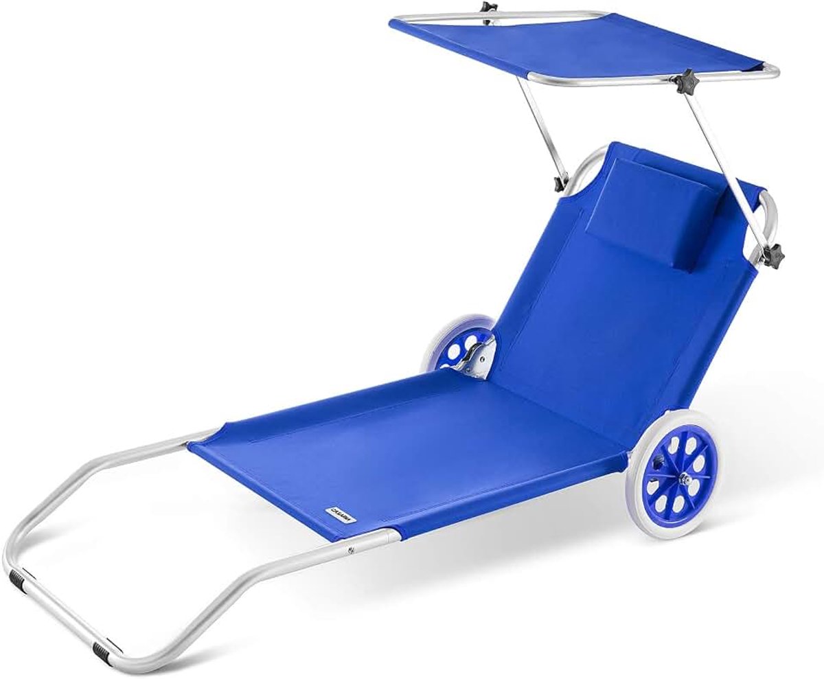 Ligstoel Kreta Opvouwbaar 2 wielen UV-bestendig Ligbed luifel Strandstoel 115kg Belastbaar Aluminium Blauw | Uv-bestendige aluminium ligstoel om te bouwen tot trolley met 2 wielen en zonnescherm voor strand, terras, balkon, zwembad