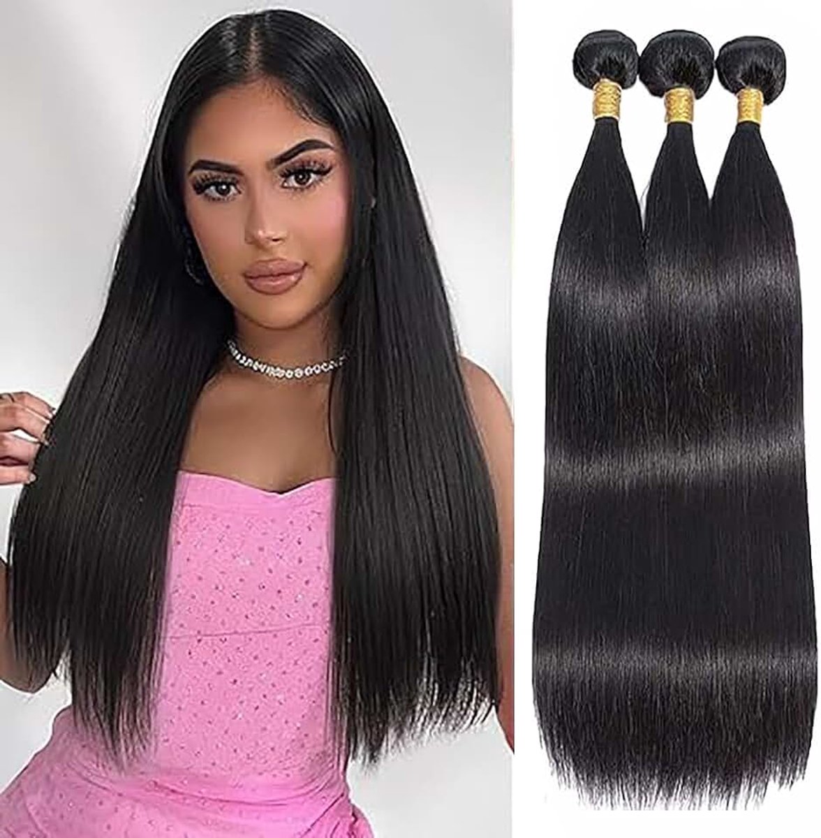 Human Hair Bundles Unprocessed Human Hair Extensions Natural Black #1B Color Double Weft Weave 3 Bundles 50g/Piece for Woman 16 16 16 Inch