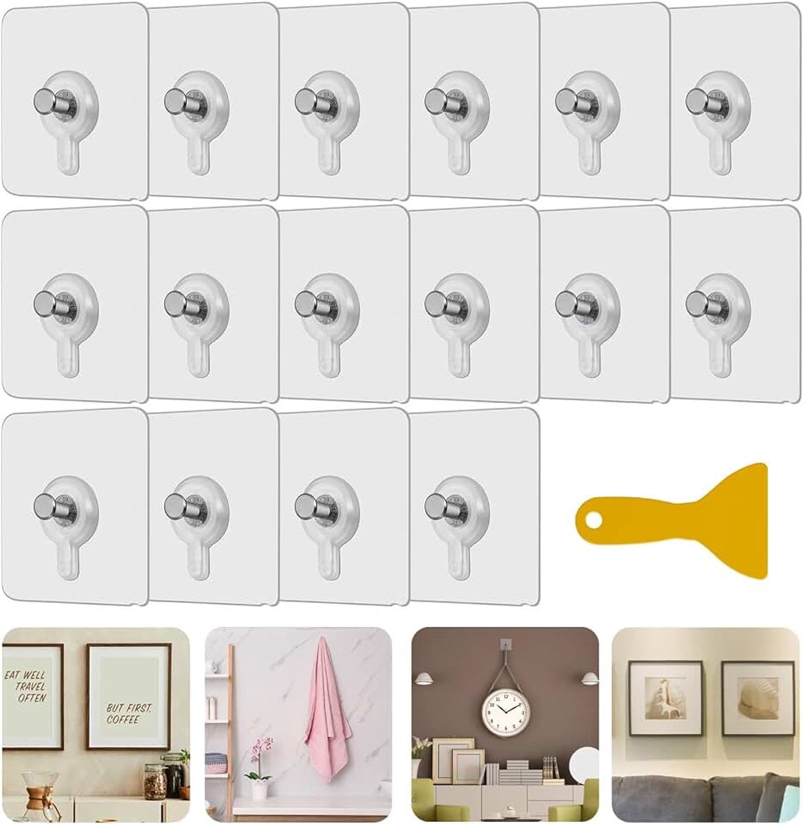 16 stuks zelfklevende schroeven voor muur, lijmschroeven zonder boren, fotohaak zelfklevend met schraper, kleefhaken, transparant, voor keuken, badkamer, kast, kantoor