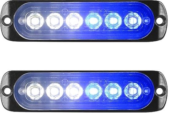 Twee witte LED-stroboscooplampen, de ene met 3 witte en 3 blauwe LED's, de andere met 3 witte en 3 blauwe LED's.