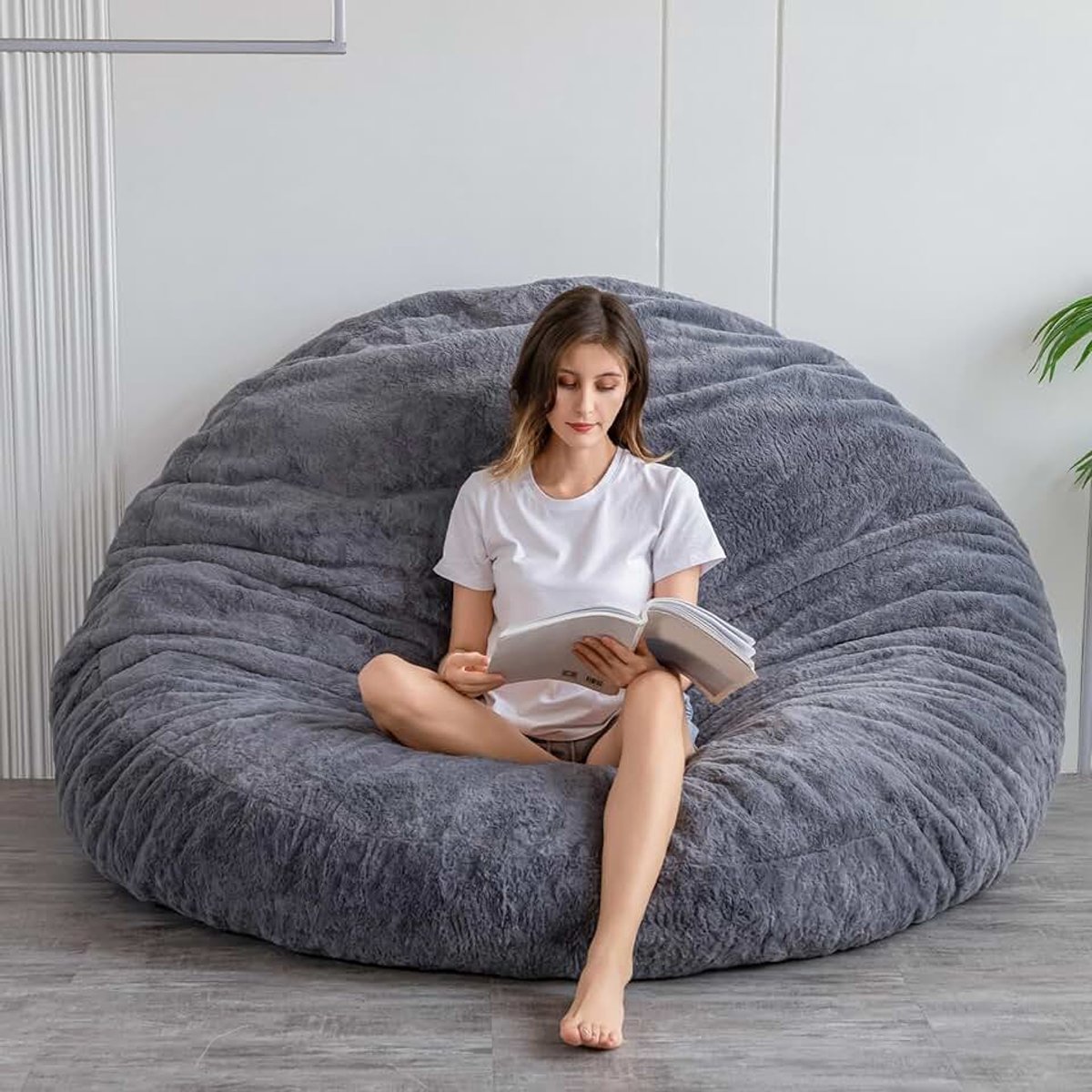 Zitzak-bed in houtskool, vierkante stoelbank met pluizige pluche overtrek en vulling, ideaal voor volwassenen, koppels en gasten, groot formaat, 180 x 180 cm