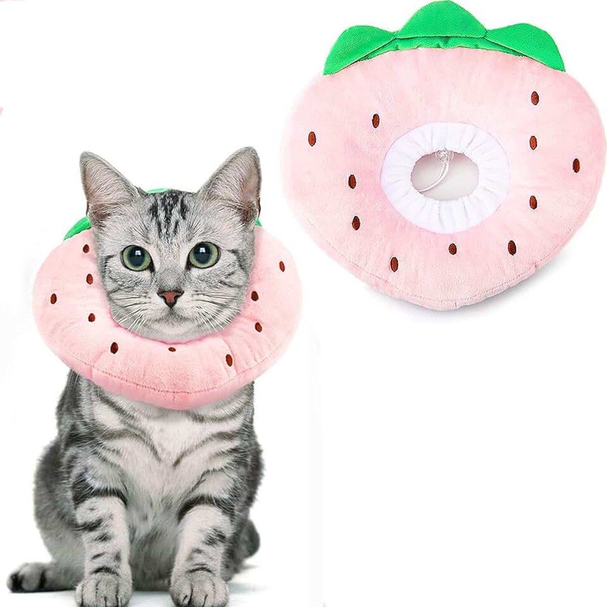 Herstelhalsband voor katten, kattenkegel na operatie, comfortabele katoenen kittenhalsband, zachte beschermende kraag, verstelbare helende Elizabeth-halsband (aardbei, S)