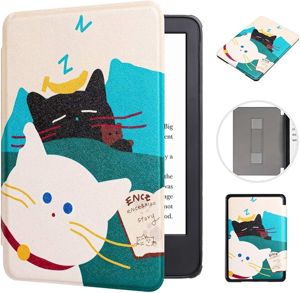 Hoesje voor 7 inch Kindle Paperwhite (12e generatie, 2024) & Kindle Colorsoft Signature Edition, ultradunne PU-lederen harde beschermhoes met polsband voor 7 inch e-reader, zwart-witte kat