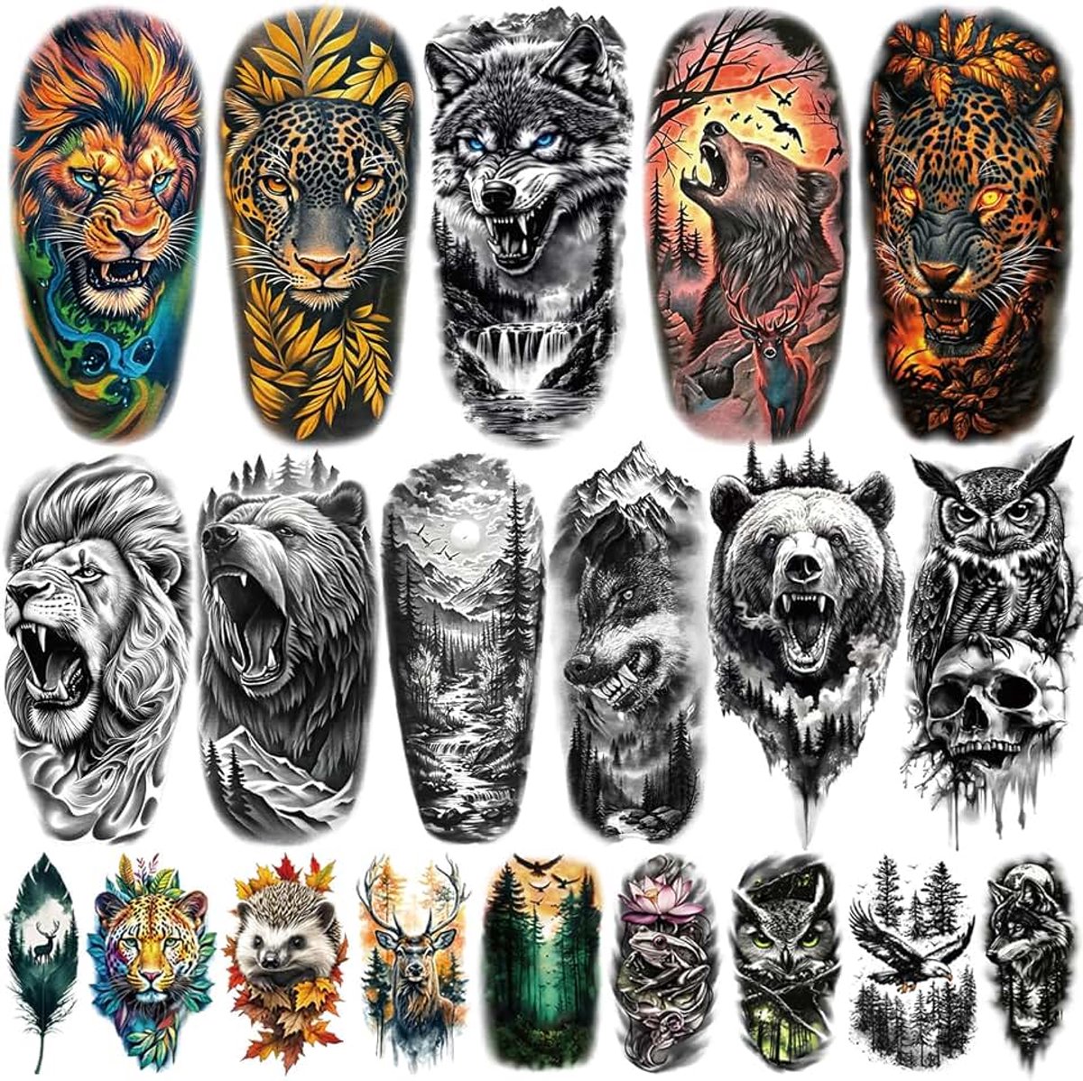 77 vellen wolf, leeuw, tijger, beer, luipaard, adelaar, nep-tatoeages voor volwassenen, schouders, nek, kleine dieren, tijdelijke tatoeages, realistisch voor mannen, vrouwen, jongens en meisjes