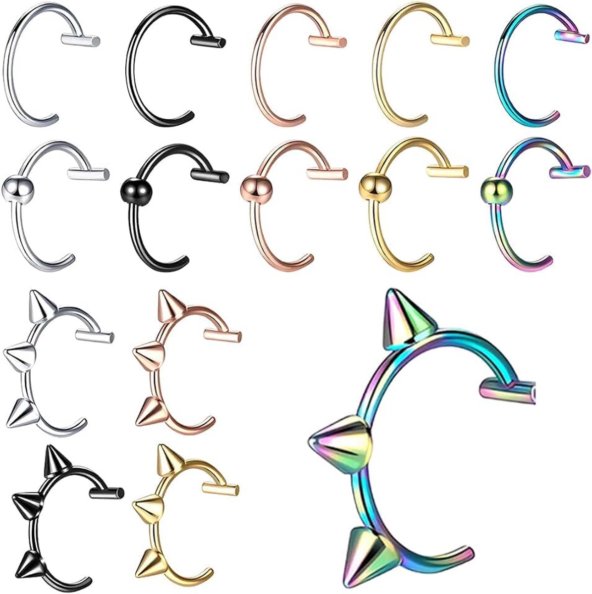 Set van 15 fake lippiercings van roestvrij staal met verschillende designs (glad, bol, punten) voor lip en neus
