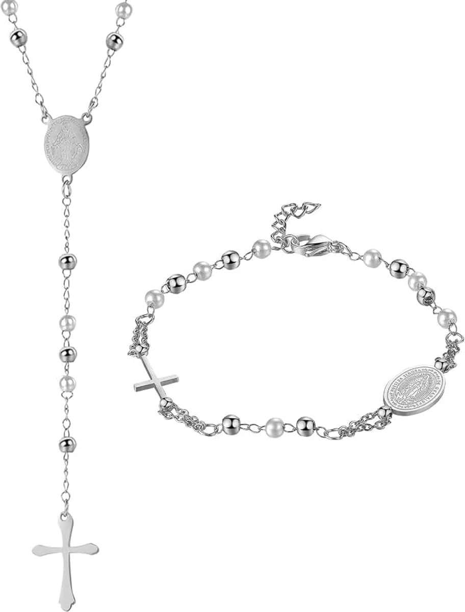 2 stuks rozenkrans armband halsketting: sieradenset met kruis hanger katholieke maagd Maria goud zwart rozenkrans roestvrij staal verstelbare armband ketting religieuze bescherming Maagd Mary