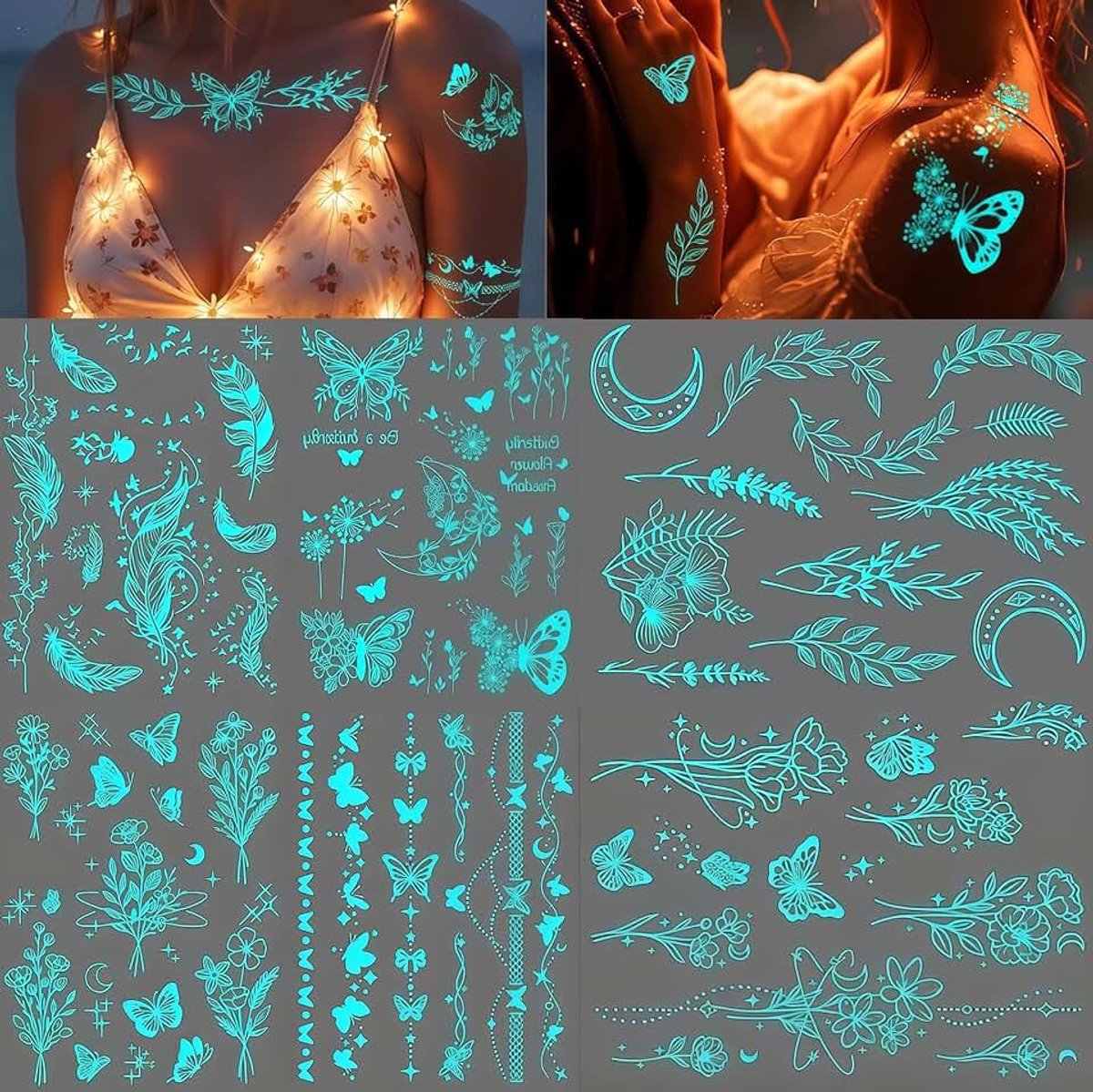 Tijdelijke Tattoos Voor Dames Meisjes, 9 Stuks Gloeiende Vlinder En Bloem Designs, Waterbestendige Glitter Tattoos Voor Gezicht, Lichaam En Armen, Ideaal Voor Nachtfeesten