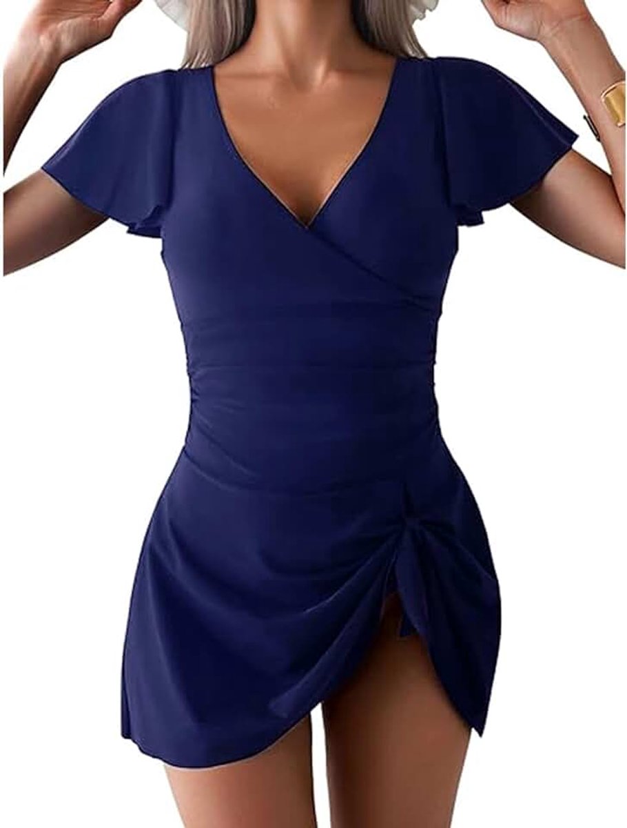 Eendelig badpak voor dames met buikcontrole en V-hals, gekrulde mouwen, knopen aan de voorkant, elegante korte bikini