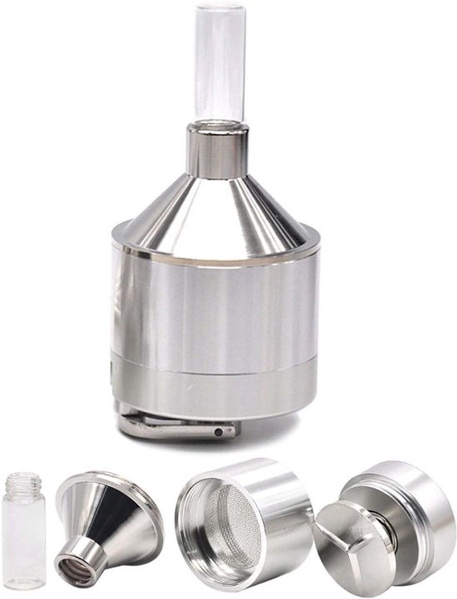 Handbediende metalen molen met glazen fles en aluminium trechter, ideaal voor het malen van kruiden, specerijen en koffiepoeder