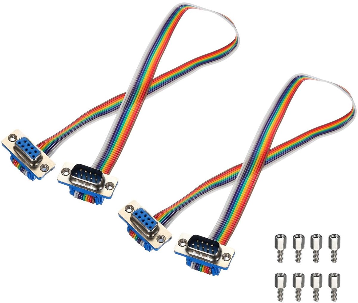 2 stuks IDC regenboogkabel, bandkabel, DB9-stekker naar DB9-bus, lengte 2,54 mm, rastermaat, breadboard, jumper kabel voor elektronische projecten