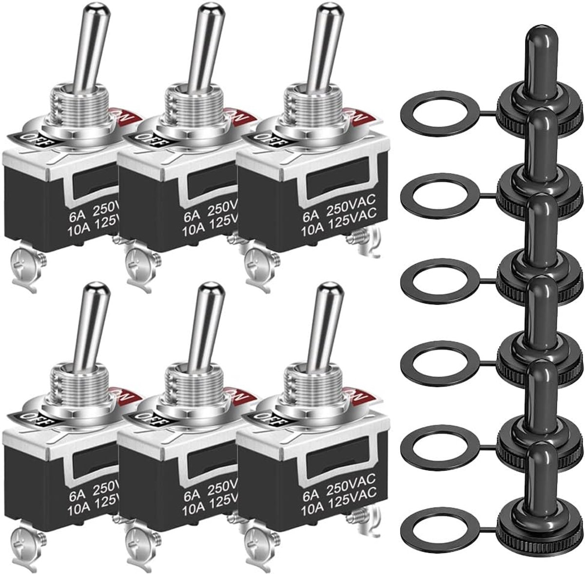 Heavy Duty Rocker Tuimelschakelaar 12V-24V-48V-110V/10A, 220V-230V/6A, SPST 2Pin AAN/UIT Schakelaar Metal Bat Waterdichte Boot Cap Cover -6 Pack