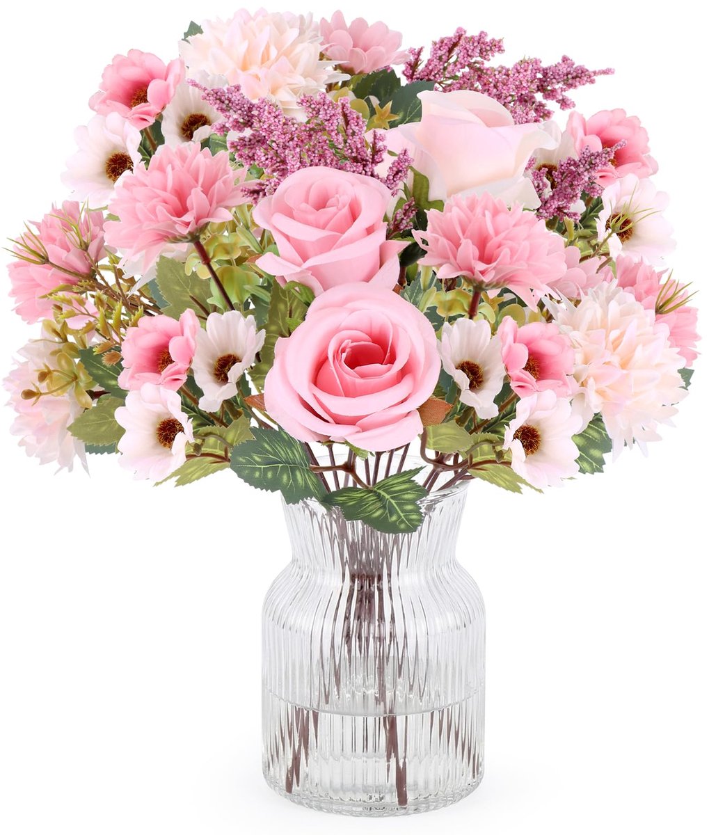 4 boeketten kunstbloemen, kunstros, van stof, kunstmatige hortensia, decoratie, kunstboeket voor bruiloftsarrangementen, feest, tafelstuk, woondecoratie (roze)