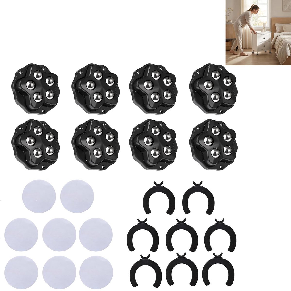 Set van 8 kogelwielen, zelfklevend, voor lichte en zware meubels, 360 graden draaibare wielen, perfect voor kasten, banken en huishoudelijke apparaten, hoog draagvermogen met 200 kg capaciteit