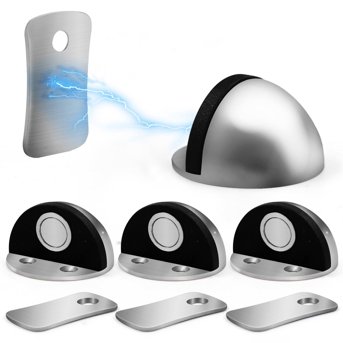 Set van 4 magnetische deurstoppers, deurstopper, vloerbescherming met magnetische deurvanger, zware deurstopper, duurzaam roestvrij staal, zilver