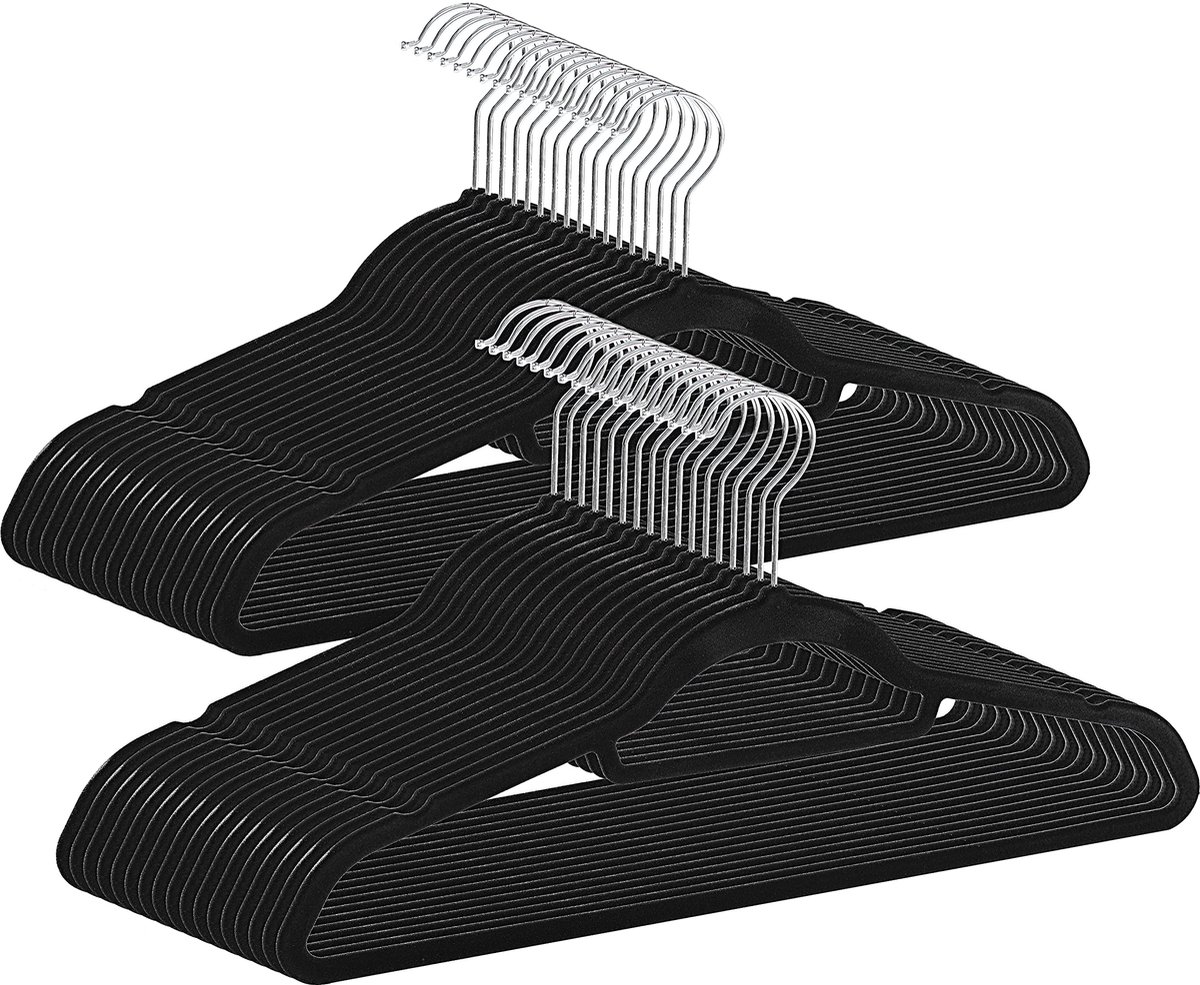 50 antislip kleerhangers, ultradunne kleerhangers, kleerhangers met broek- of rokstang, zwart