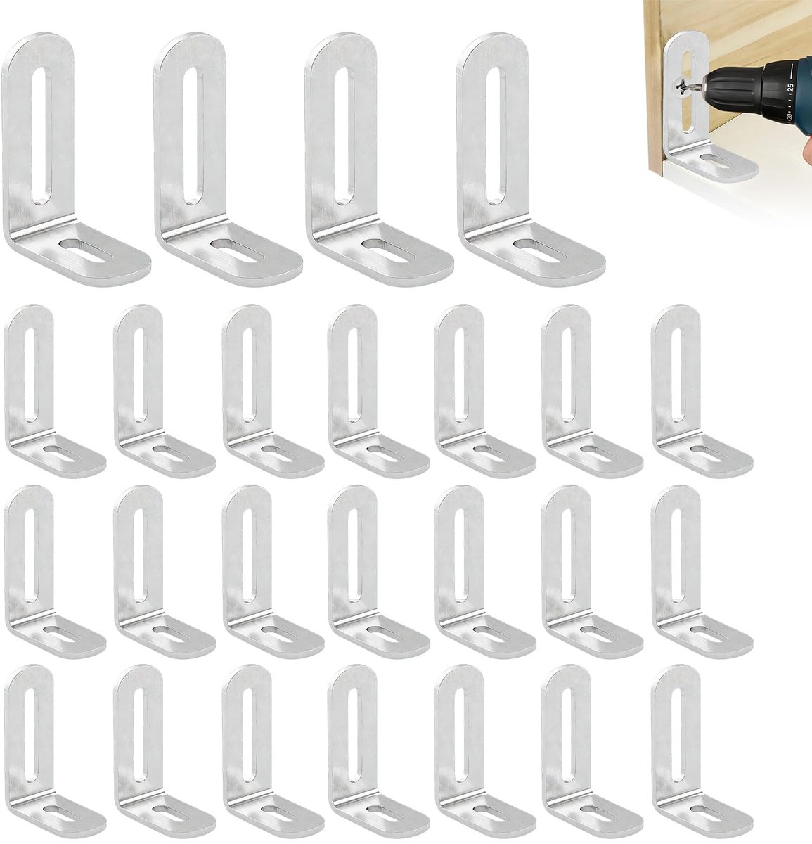 Hoekverbinders, 30 x 50 x 19 mm, verstelbare L-vormige hoeksteun, roestvrij staal, hoek met lange gaten, 90 graden bevestigingshoek met 2 metalen beugels voor houten meubels