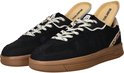 Zwarte lage sneakers met beige voering, bruine zolen, crème veters en panterprint detail.