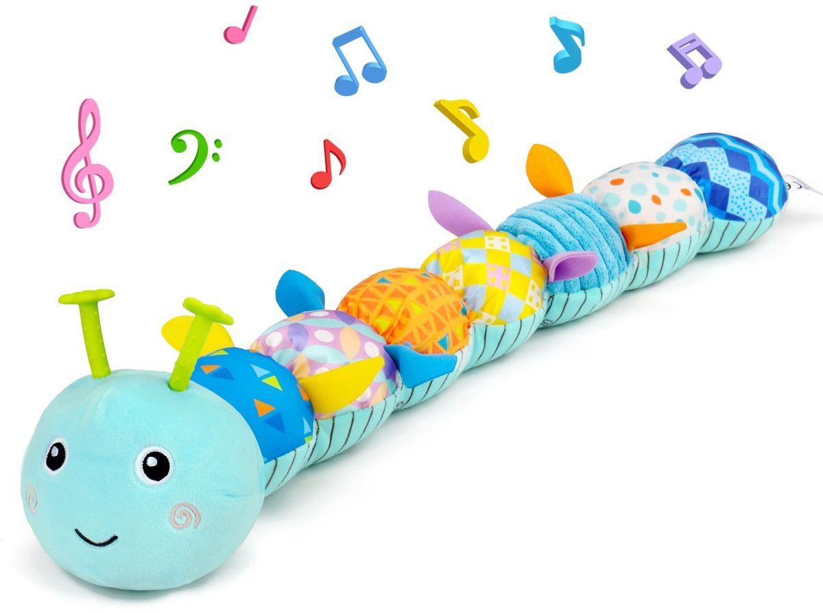 Casalora Buikligtrainer Baby - Sensorisch Knuffelspeelgoed met Geluid en Bijtring & Muzikale - Pluche Rupsenthema - Geschikt vanaf 0 Maanden - Blauw