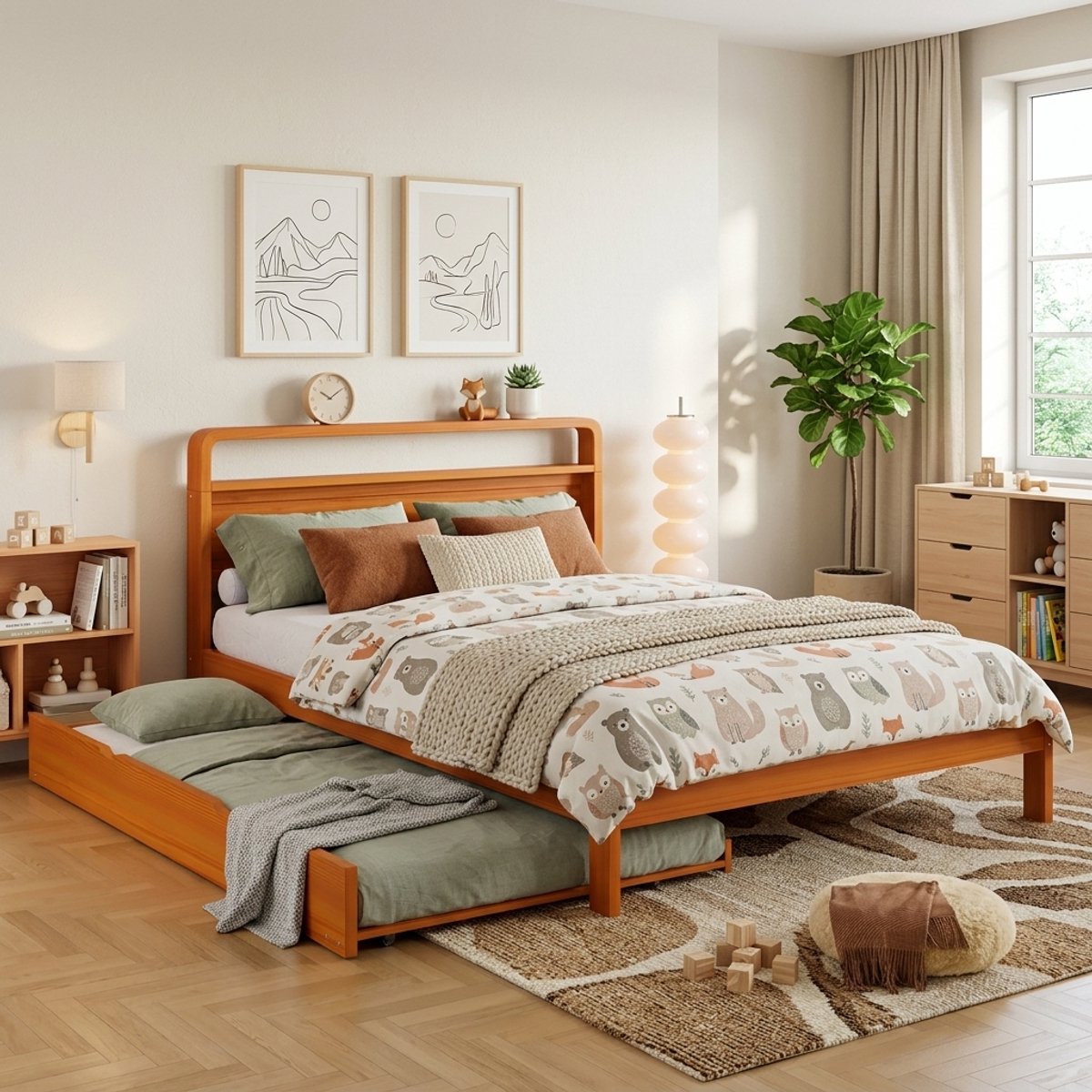 Dubbelfunctioneel Holzbett 140x200 cm met Gästebett - Naturfarben - 2-in-1 Design
