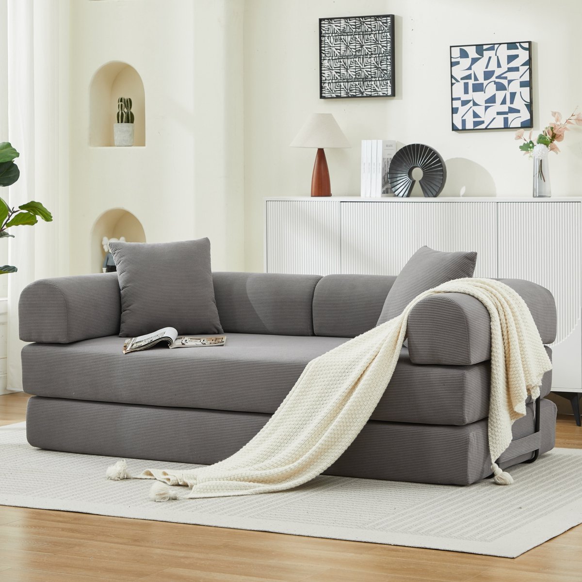 Slaapbank - 2-Zits Bank Met Ribfluweel, Uitklapbaar Bed En Zachte Kussens - Beige