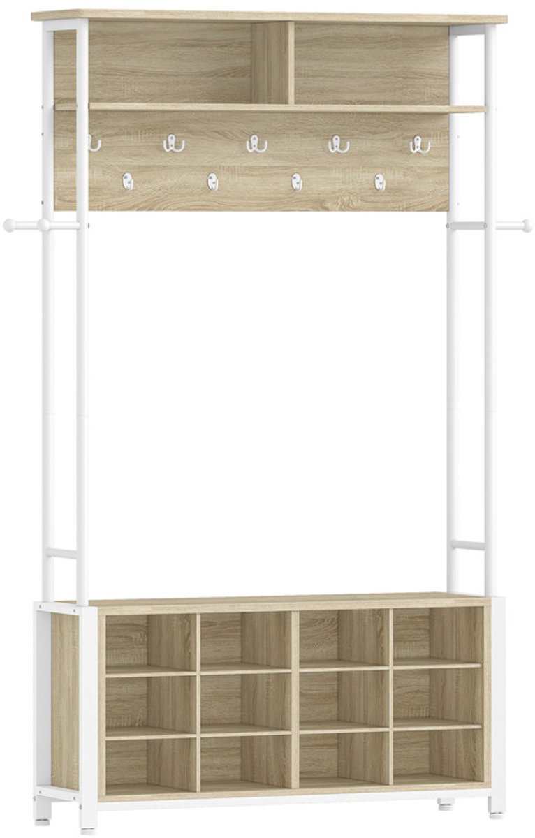 Hzuaneri Kapstok, 14 open vakken, kleur eiken en wit | Entreekast met schoenenbank, 13 planken, voor entree, hal, 31 x 110 x 187 cm