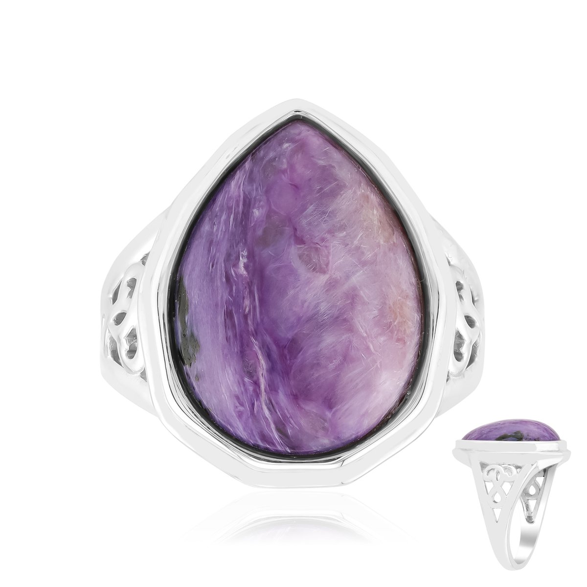 Cavill - Charoiet Ring Peervormige Cabochon 7,013 Karaat - Gerhodineerd 925 Sterling Zilver - Elegante Paarse Edelstenen Ring - Russische Charoite