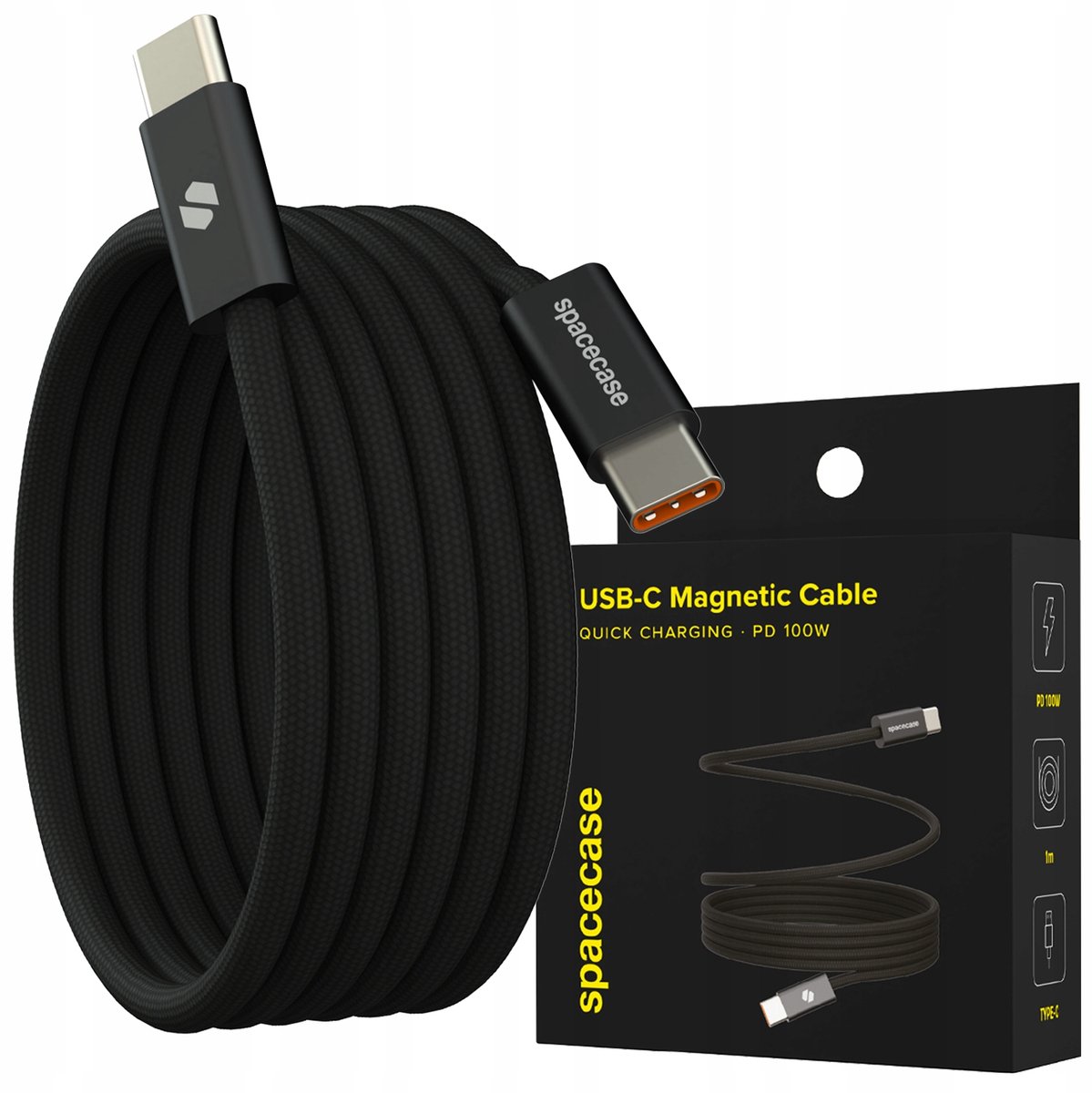 Spacecase USB-C Magneetkabel 100W PD 1M Zelfoprolend Snel Laadkabel