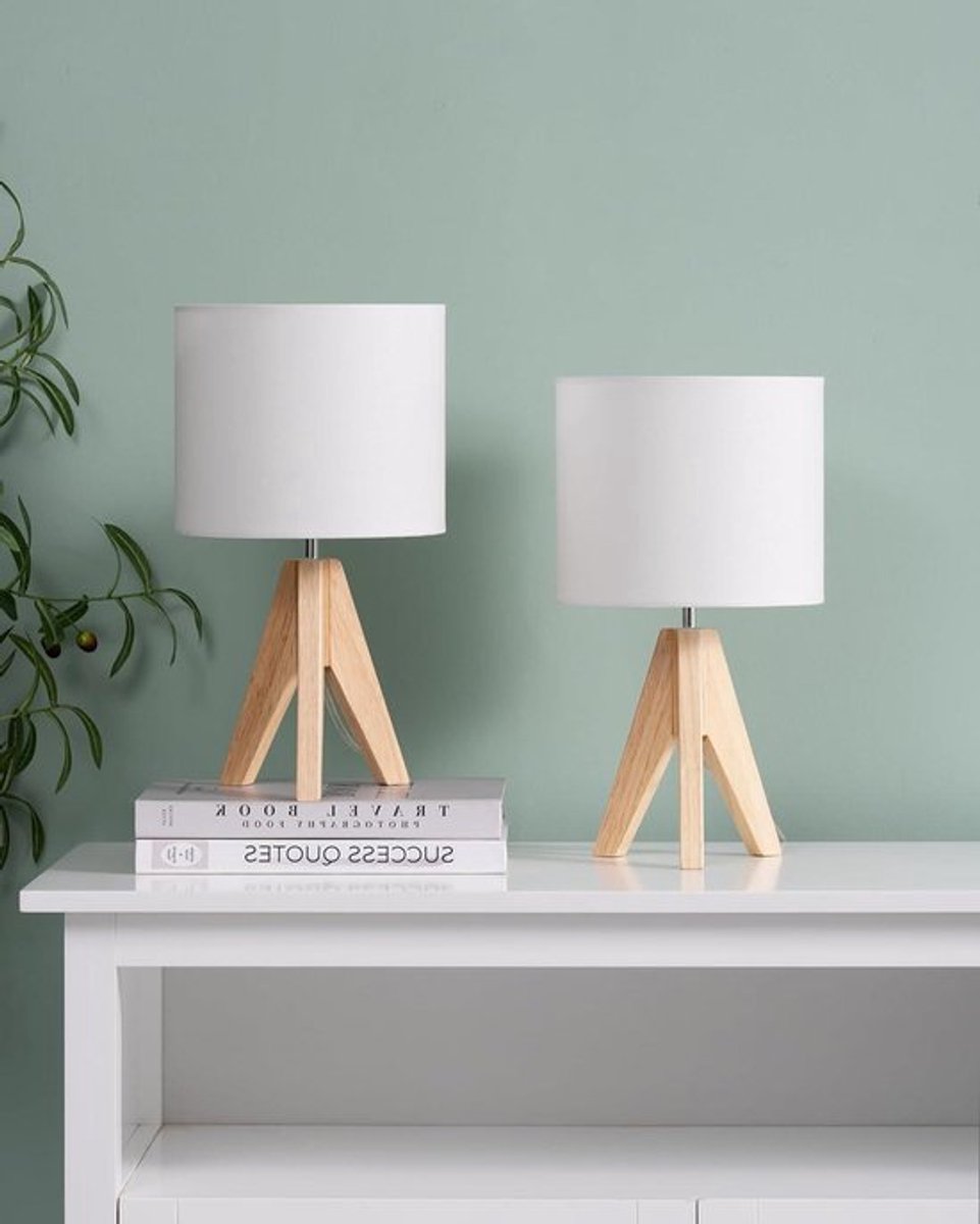 Tafellamp Set Houten LED Nachtkastlamp met Lampenkap - Vintage Stijl voor Slaapkamer en Woonkamer