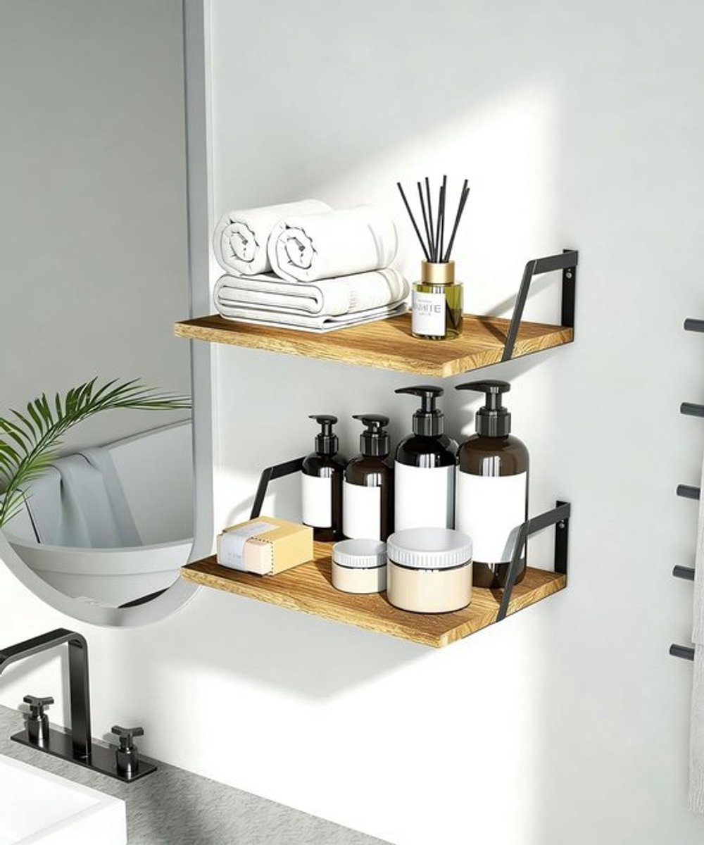 Wandplank Set van 2 in Hout en Metaal, 42 x 32 x 12 cm, Moderne Decoratie voor Woonkamer, Badkamer en Keuken