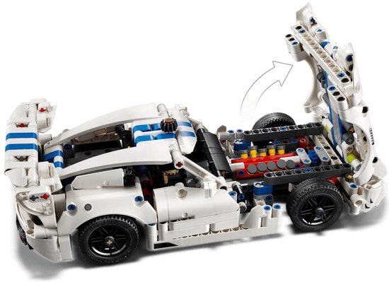 LEGO Technic Dodge Viper GTS-R sportauto, wit met blauwe strepen, motorkap en deuren open.