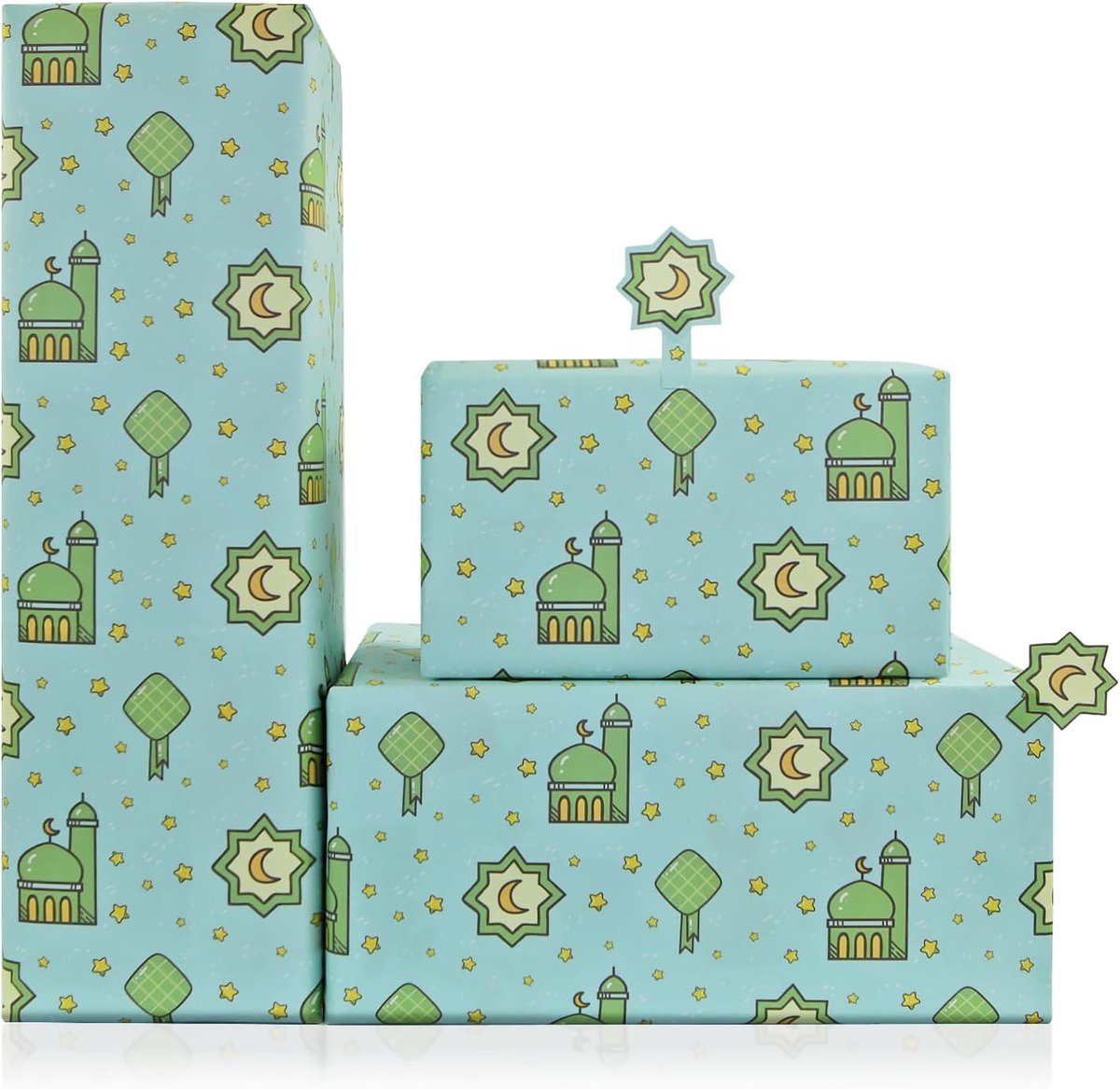 Mubarak Inpakpapier, 4 vellen groen Ramadan geschenkpapier met moskee, maan en ster, knutselpapier voor islamitisch thema, vakantie, Corban festival, moslimfeestdecoratie, 71 x 50 cm