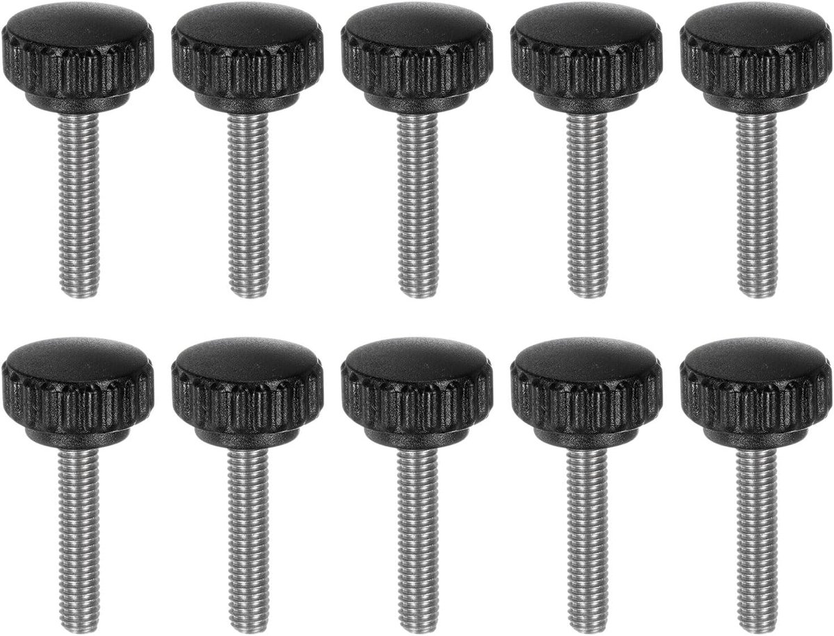 10 stuks gekartelde klemgrepen, gekartelde schroeven, M6 x 30 mm, metrische buitendraad, 28 mm, kunststof kop, mat, 304 roestvrij stalen greep, gekartelde schroef, zwart