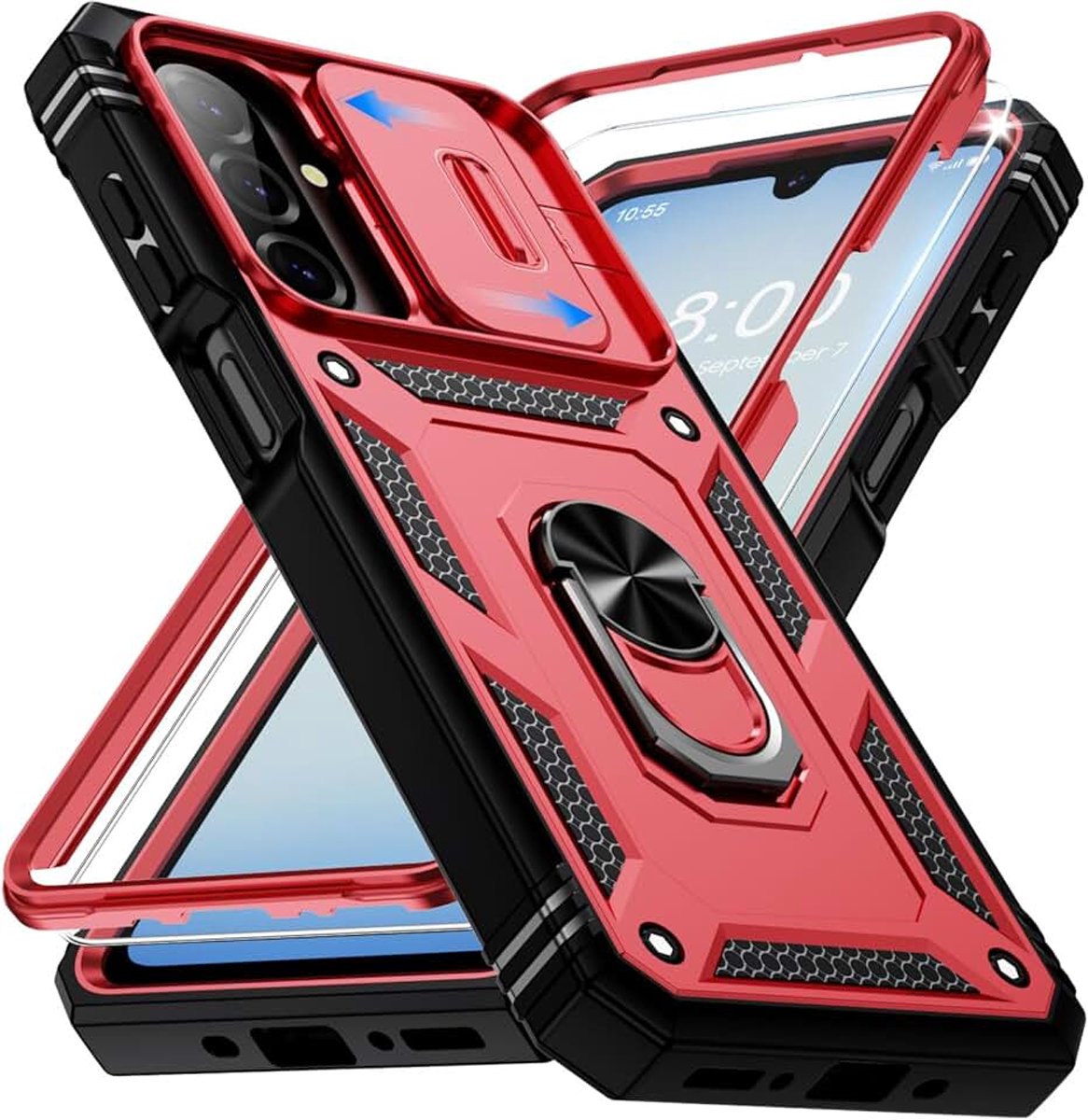 Hoesje voor Samsung Galaxy A16 5G met Screenprotector, 360° Volledige Bescherming met Camera Cover, Magnetische Ring Stand, Schokbestendig & Krasvrij, Robuuste Telefoonhoes, Rood