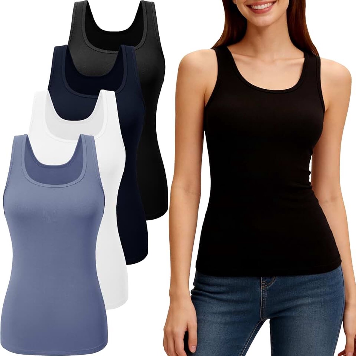 Set van 4 tanktops voor dames, vest, top, basic onderhemd, UK, mouwloos, vrije tijd, training, multipack tops
