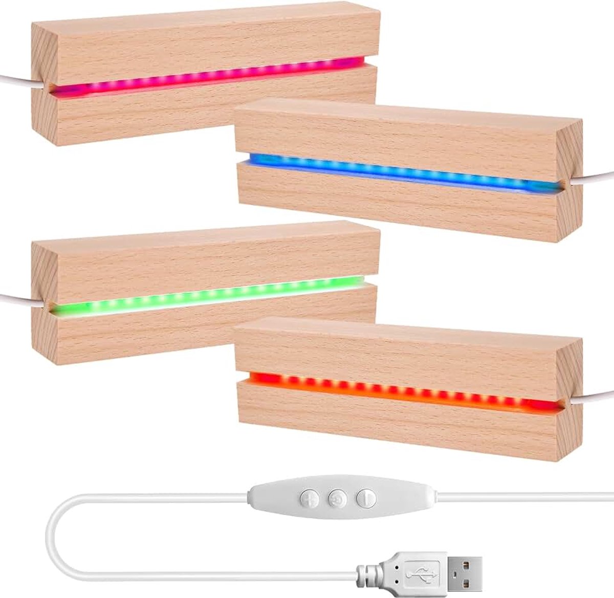 4 stuks houten sokkels, 7 kleuren, rechthoekig, houten ornamenten, USB-lichtsokkel, sokkel voor acrylglas, led-display, basis voor glazen blok, kristallen (7 kleuren)
