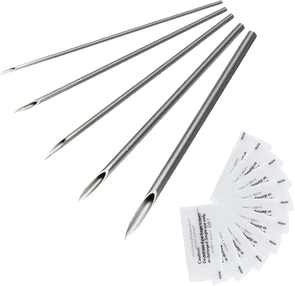 Piercingnaalden, 50 stuks, roestvrij staal, wegwerp piercing, naalden, gemengde maten 12G, 14G, 16G, 18G, 20G, 5 Stück (1er Pack), Roestvrij staal, Agaat