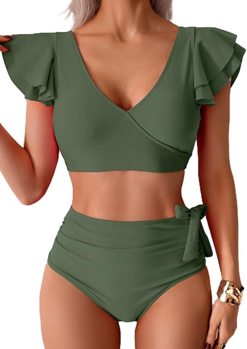 Badpak voor dames, buikweg, sexy V-hals, tweedelig badpak, ruches, hoge taille, push-up, badmode, kanten up, bikini, zwempak