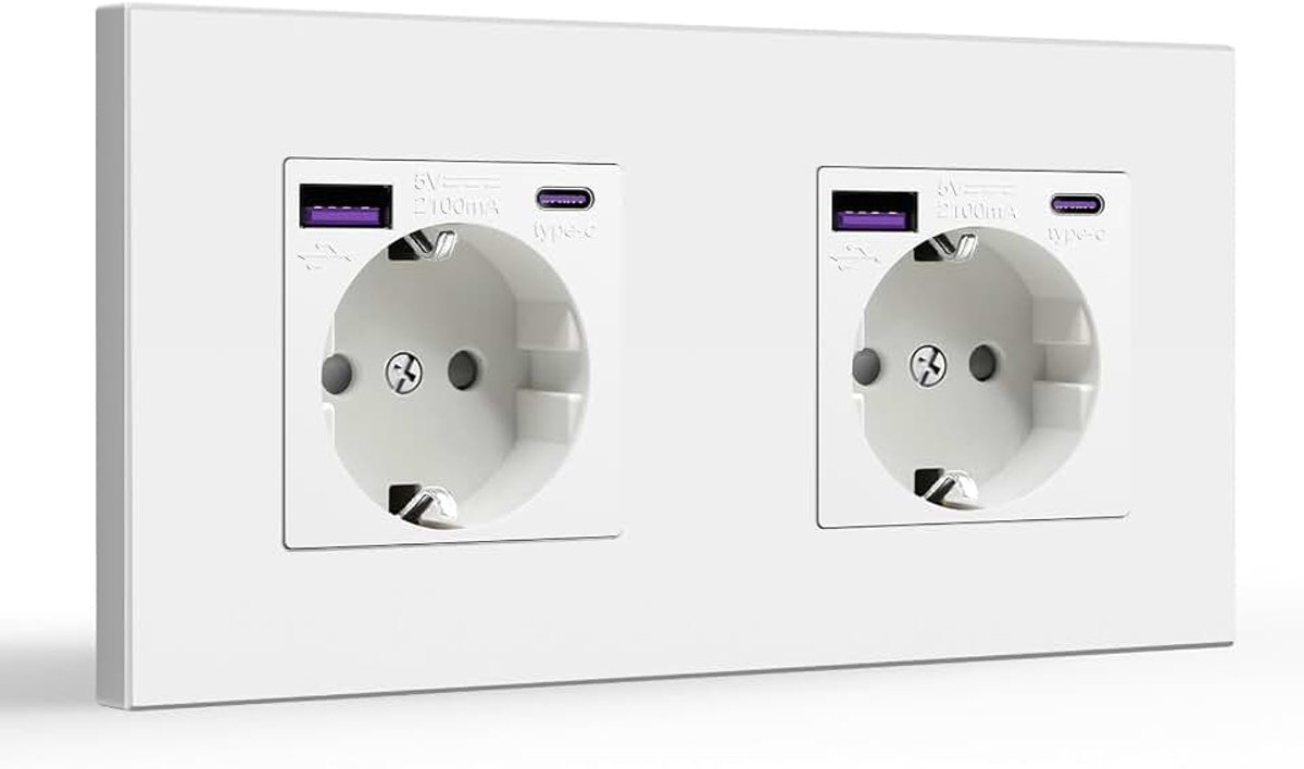 2 Voudig Stopcontact USB C 20W Snelladen, Dubbelstopcontact, USB Stopcontact Inbouw Met Type C, Inbouwstopcontact Met USB C, PC Paneel Stopcontacten Met Kinderbeveiliging, Wit 157mm
