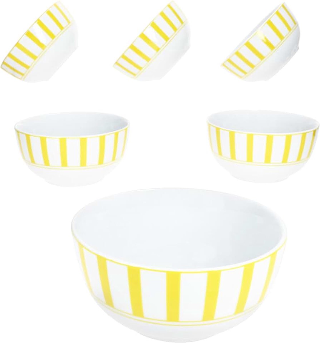 Split gele set van 6 mueslikommen 14 cm, 400 ml, witte porseleinen kom met strepen voor 6 personen, schaaltjes voor salade, soep, muesli, chips enz.