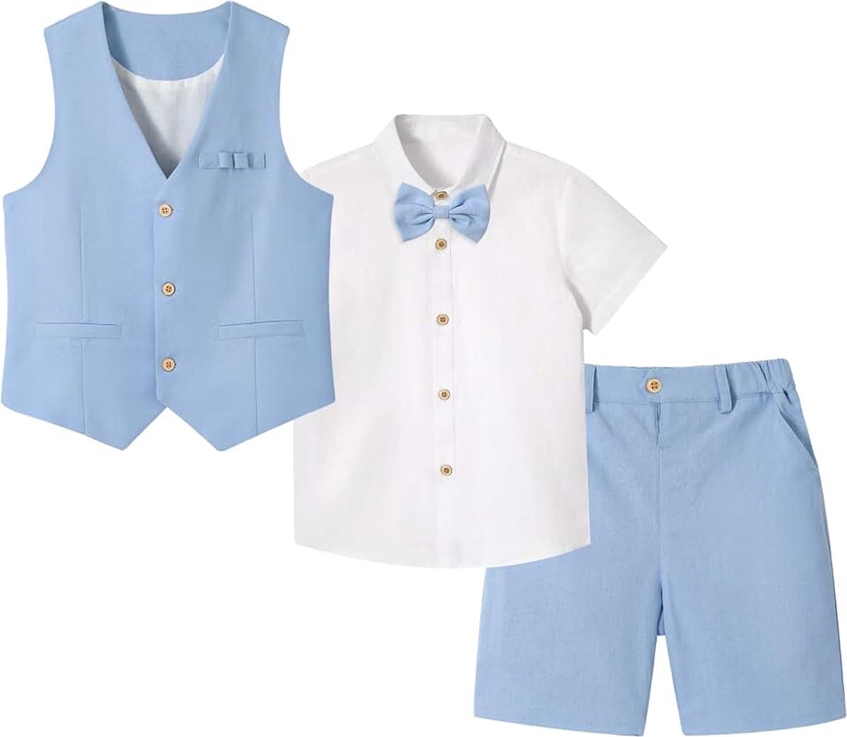 4-delige set pagen jongenspak voor jongens, linnen zomerpak, feestelijke zomerbruiloft, doop, ceremonie, verjaardagsfeestkleding, kindervest, shorts, pak set met vlinderdas