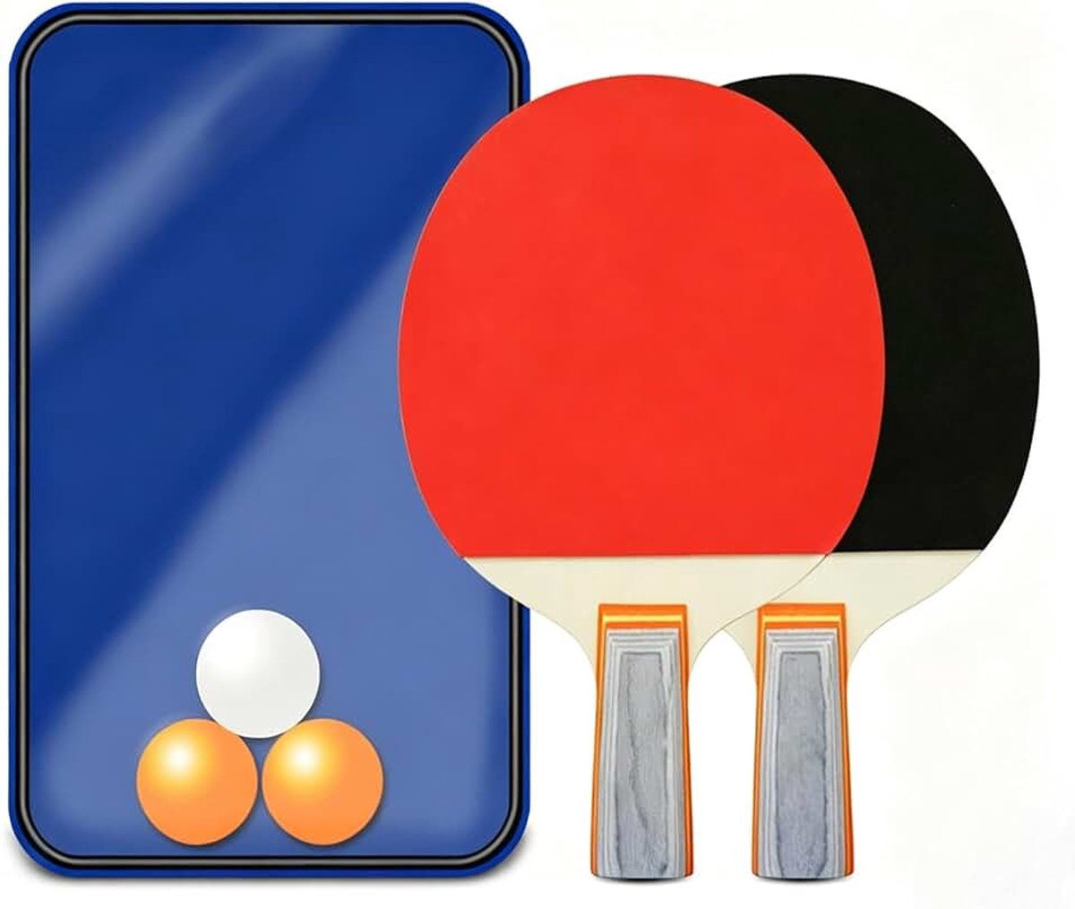 6-delige tafeltennisset, 2 klassieke grijze tafeltennisrackets met korte steel, 3 tafeltennisballen, 1 opbergtas, draagbare tafeltennisset voor binnen- en buitengebruik, recreatie en training