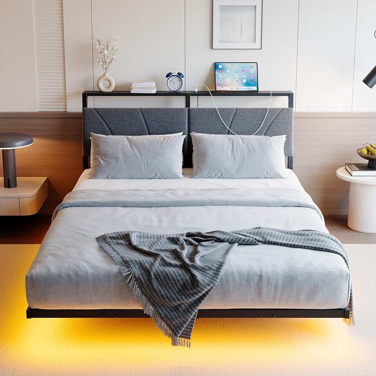 Bedframe, 120 x 200 cm, bed met led-laadstation en verlichting, metalen bed, 120 x 200 cm met opbergruimte, bedframe met lattenbodem, zwevend visueel effect