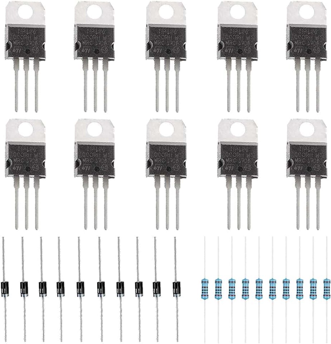 30 stks TIP120 60 V 5A NPN Darlington Bipolaire Power Transistor TO-220 3Pin Voor Arduino Met 2.2 k Ohm Weerstanden, 1N4001 DIODE