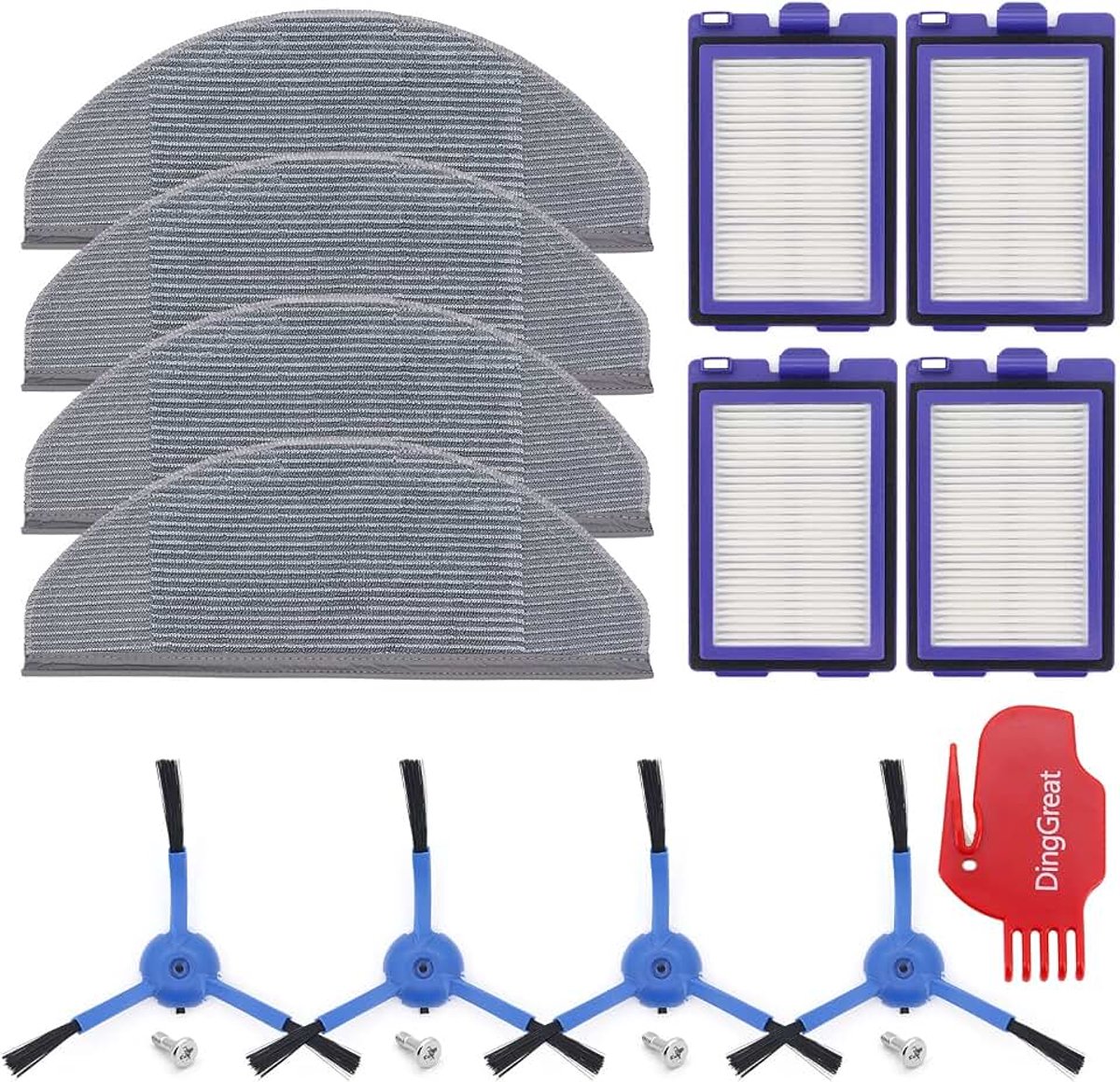 Onderdelen compatibel met RoboVac X8 hybride robotstofzuiger, accessoireset pakket van 4 zijborstels, 4 filters, 4 dweildoeken, 1 reinigingsborstel