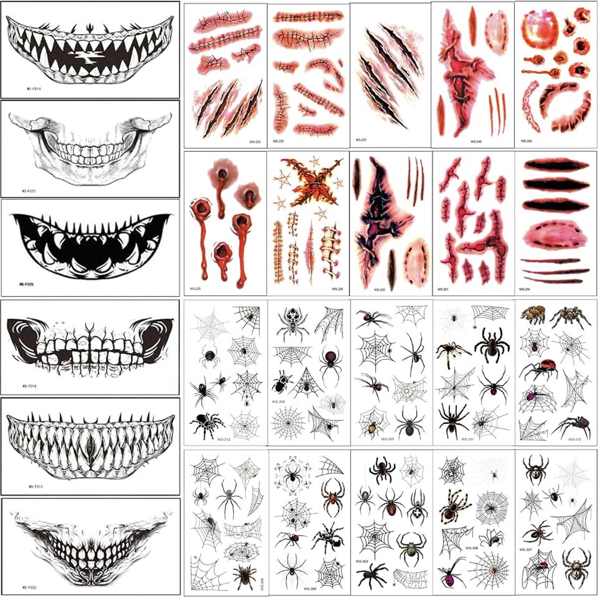 Tattoo-gezicht, 26 vellen Halloween-kostuum heren dames griezelige accessoires, nepwonden, spinnen skelet, zombie, vampier gezichtstattoo make-up