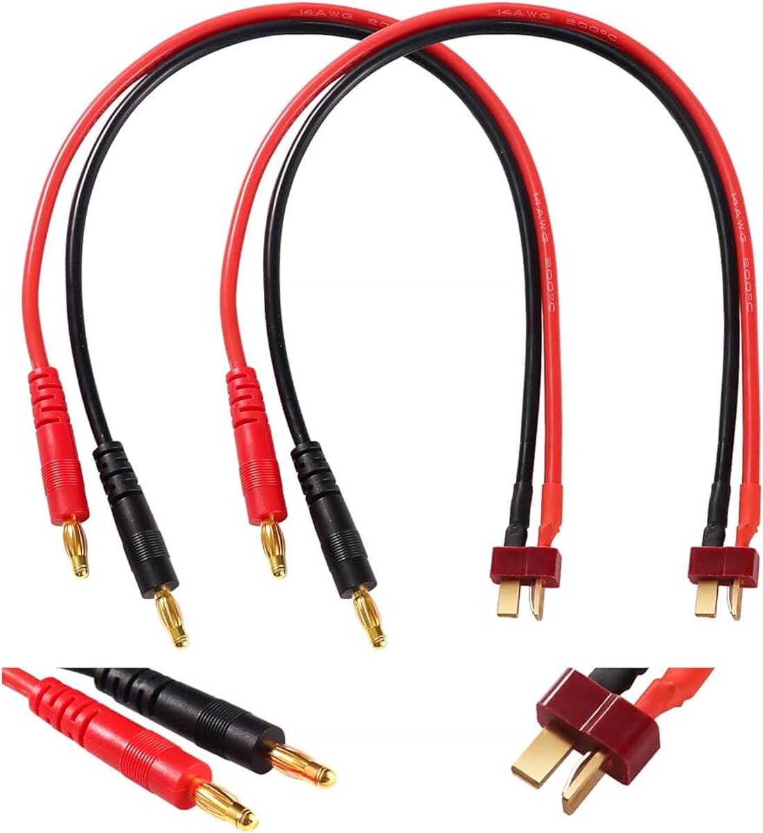 2 Stuks T-Plug naar 4.0 Banaanstekker RC Batterij Oplaadkabel, Deans T Plug Connector naar 4.0mm Banaanstekker met 30cm 14AWG Siliconen Kabel, voor RC Helikopter Quadcopter Lipo Batterijen