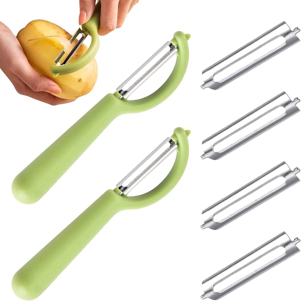 2 stuks dunschiller met 4 reservemessen | Roestvrij stalen reservelemmet, aardappelschiller, komkommerschiller, dunschiller voor groenten en fruit (groen)