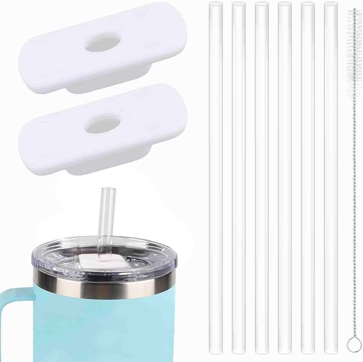 2 Stuks Rietjesdekselbevestiging met 6 Stuks Rietjes Compatibel met Yeti 20oz 30oz Tumbler, BPA-vrij Rietjesdekselaccessoires voor Yeti Magslider/Stronghold-deksel Onderdelen Deksel (Wit)